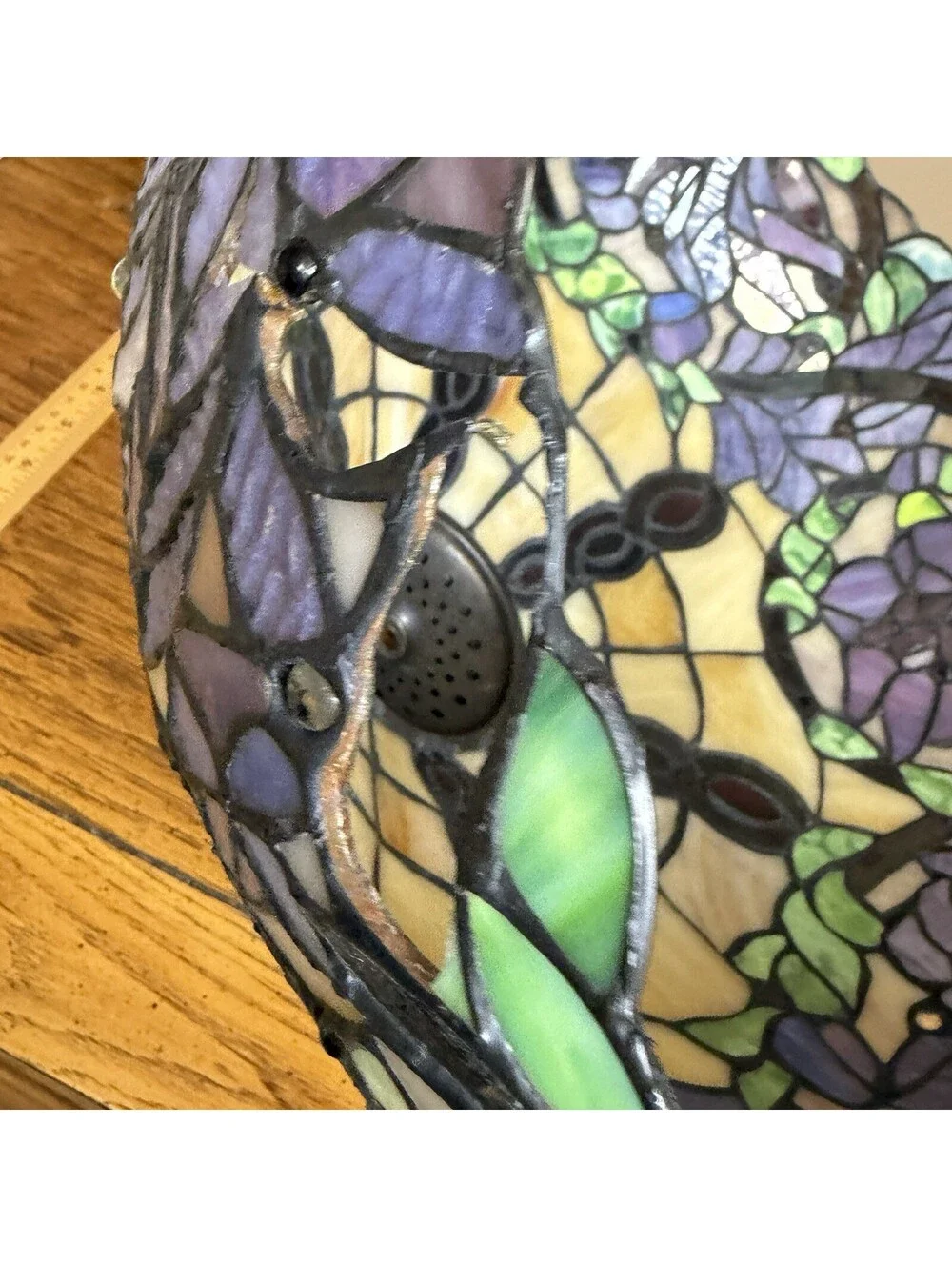 Tiffany Style Stained Glass Lamp Shade 18” Purple Floral Needs Repair